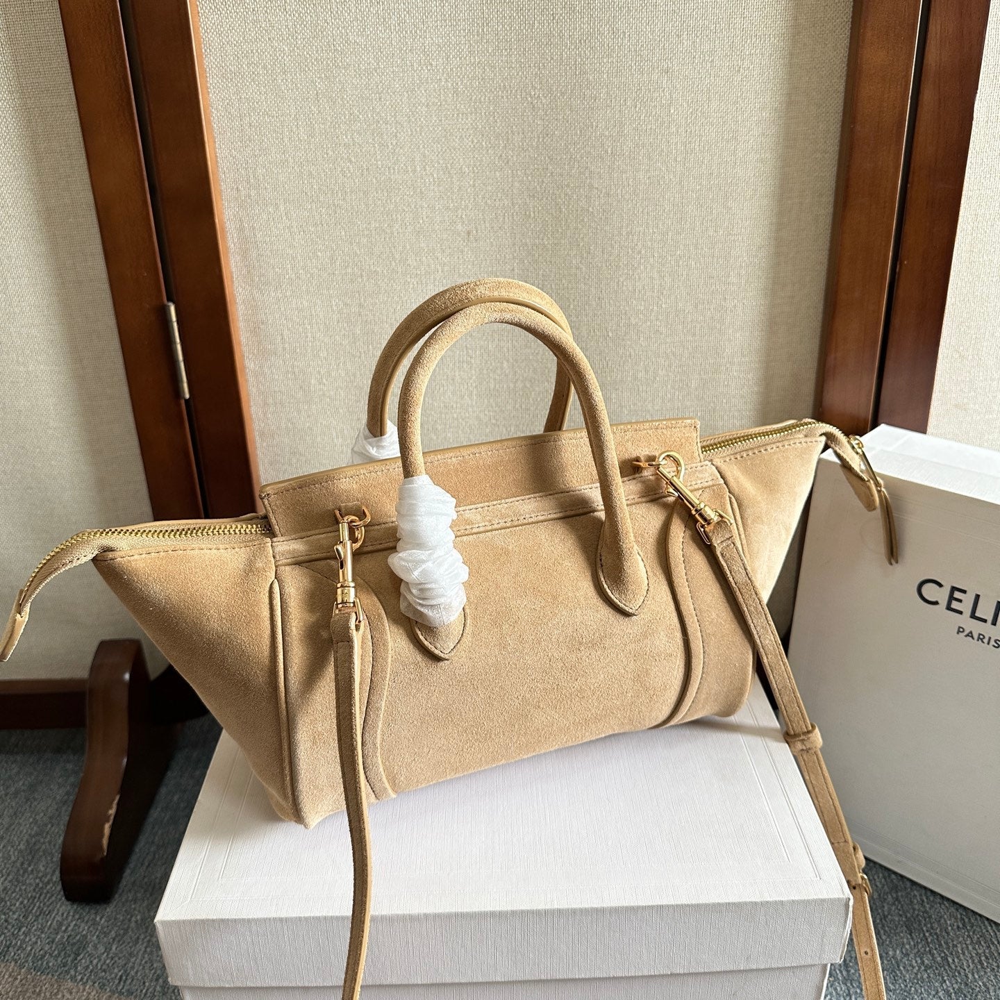 Celine Small Smiling New Luggage Light Khahi Suede