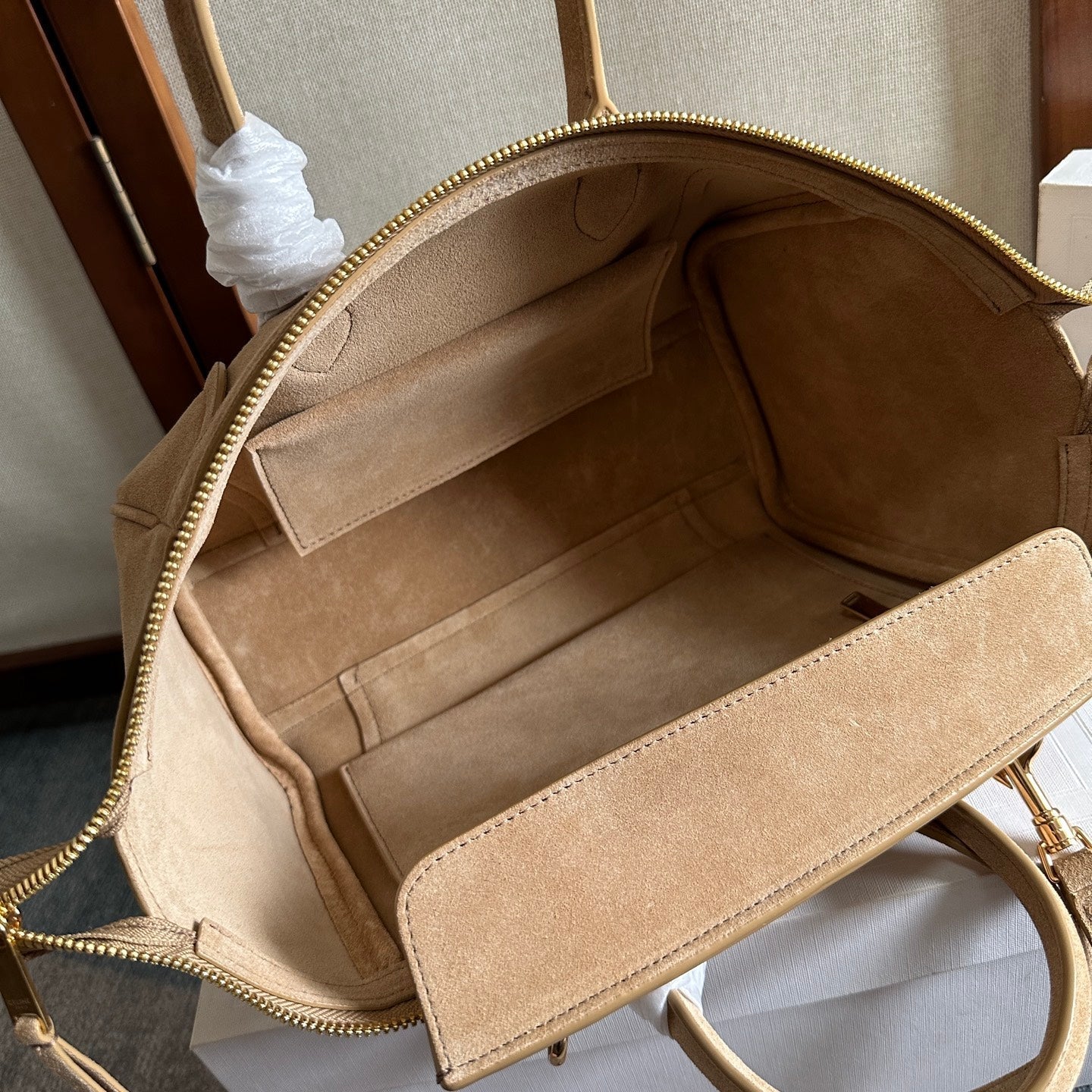 Celine Small Smiling New Luggage Light Khahi Suede