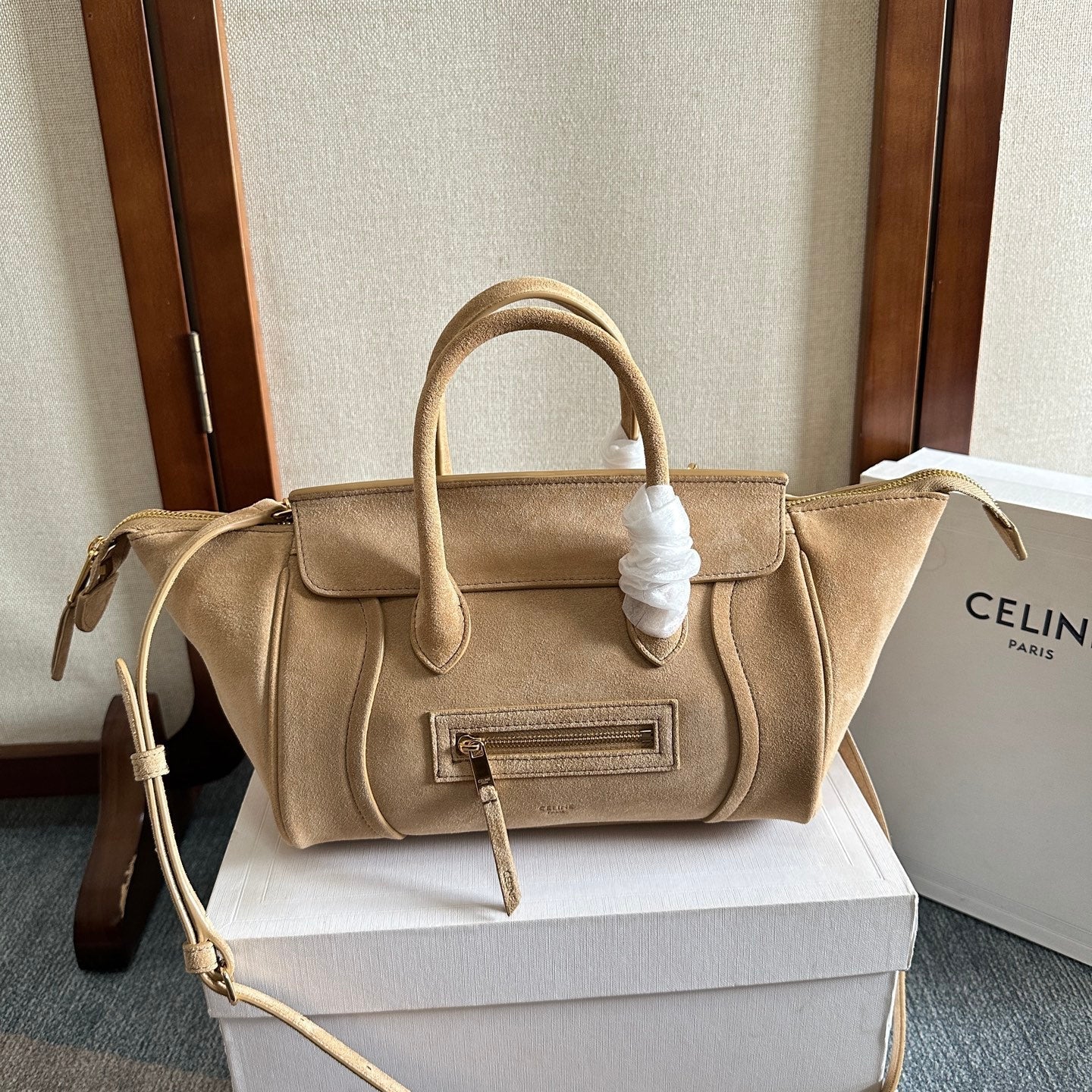 Celine Small Smiling New Luggage Light Khahi Suede