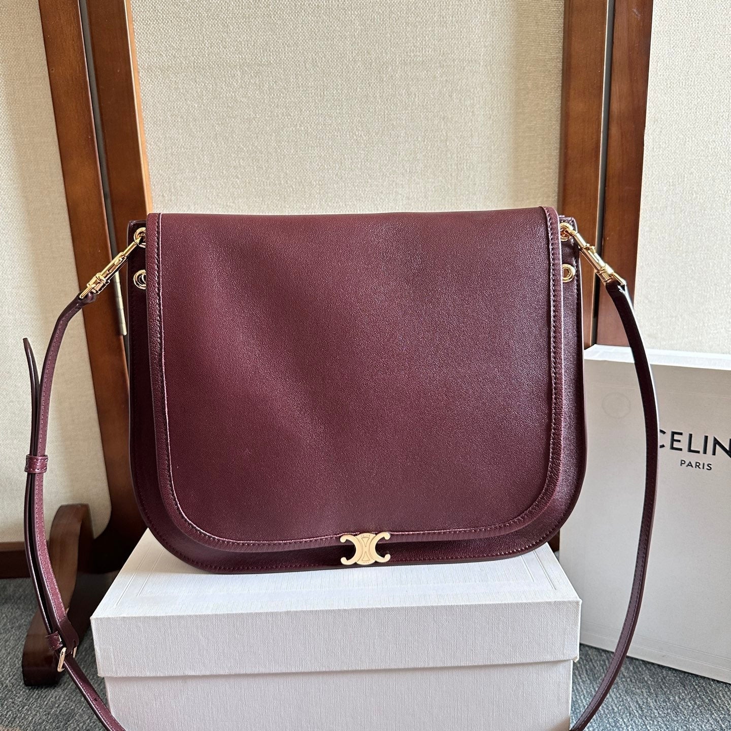Celine Besace Soft Triomphe Bag Dark Burgundy Lambskin