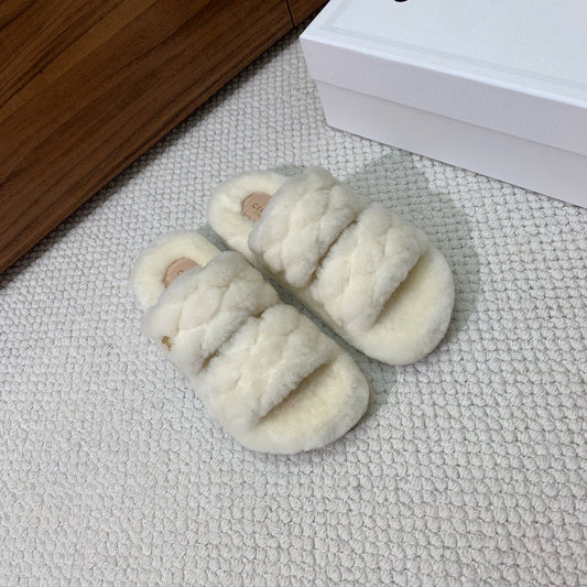 Celine 26s Two-Strap Quilted Sandals In White Wool