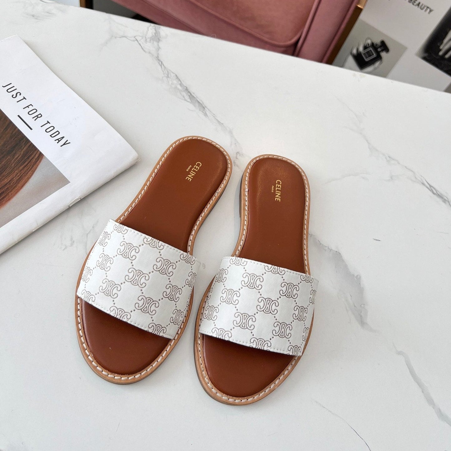 Celine 25C Slippers White Monagram Silk with Calfskin 238145