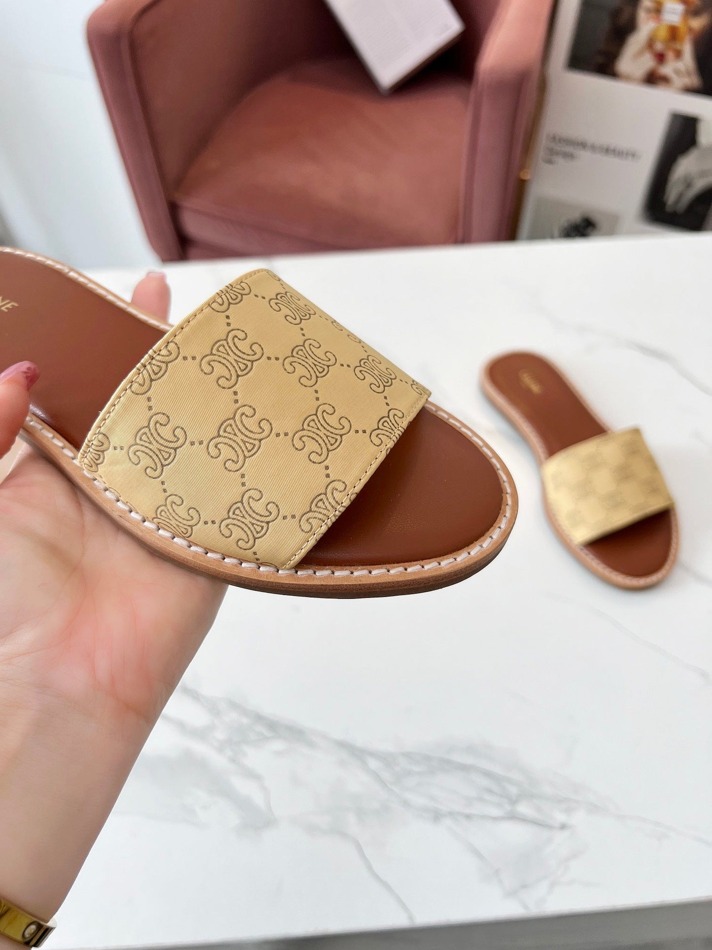 Celine 25C Slippers Egg Nog Monagram Silk with Calfskin 238148