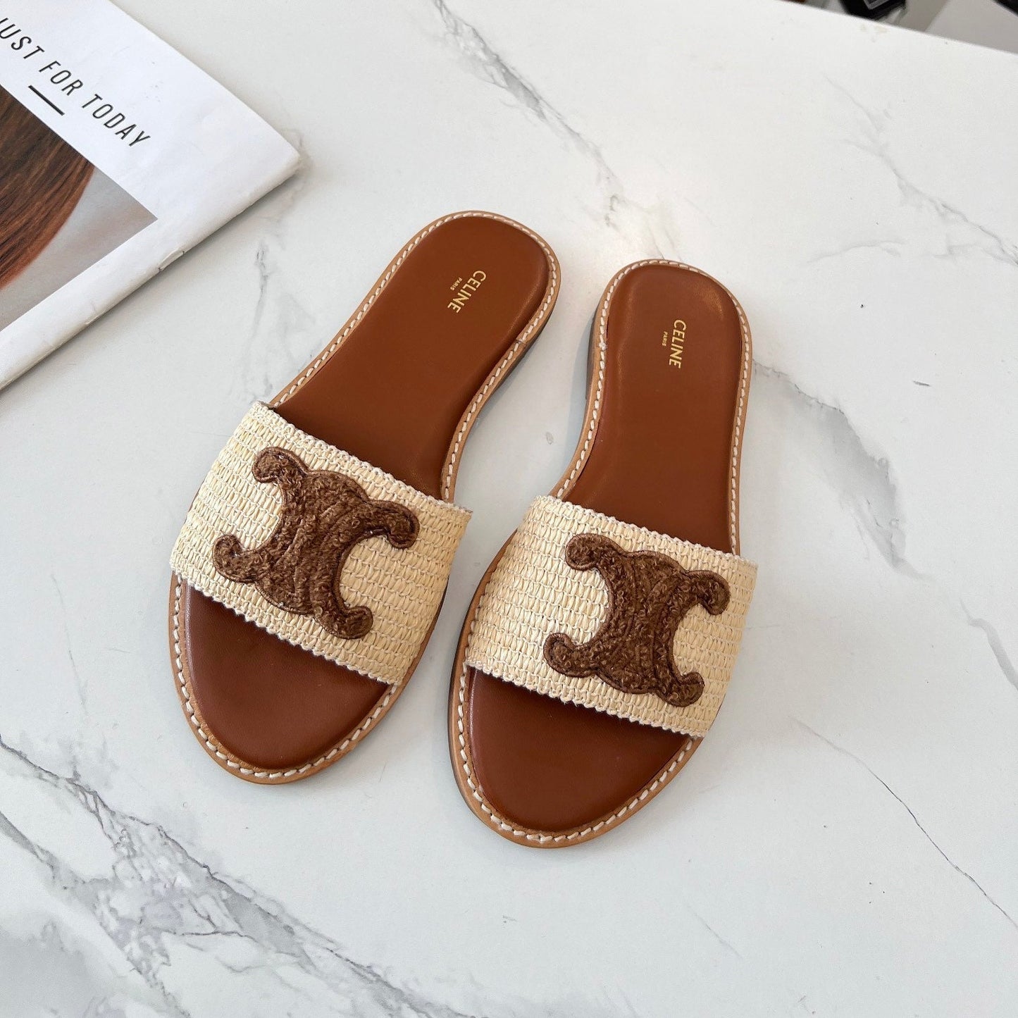 Celine 25C Slippers Beige mix Coffee Fabric with Calfskin 238149