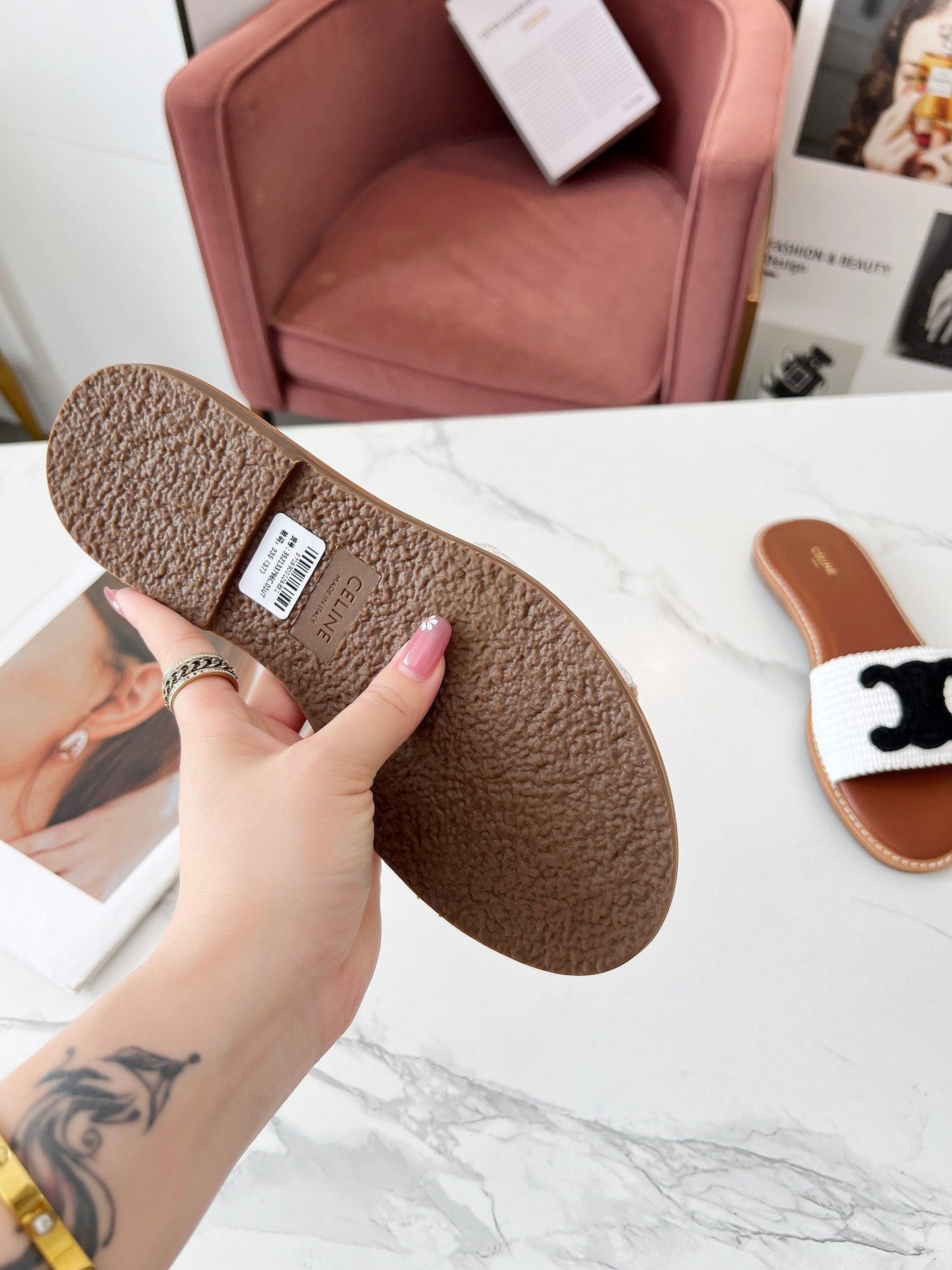 Celine 25C Slippers White mix Black Fabric with Calfskin 238150