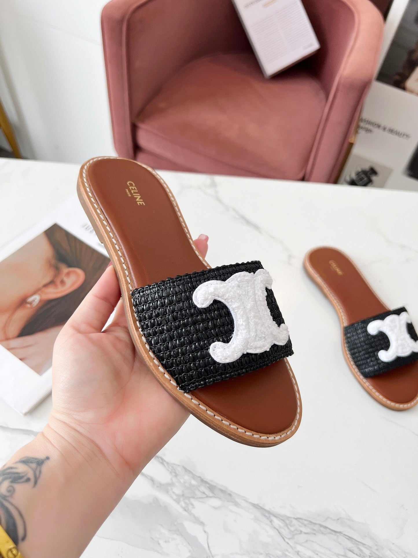 Celine 25C Slippers Black mix White Fabric with Calfskin 238151