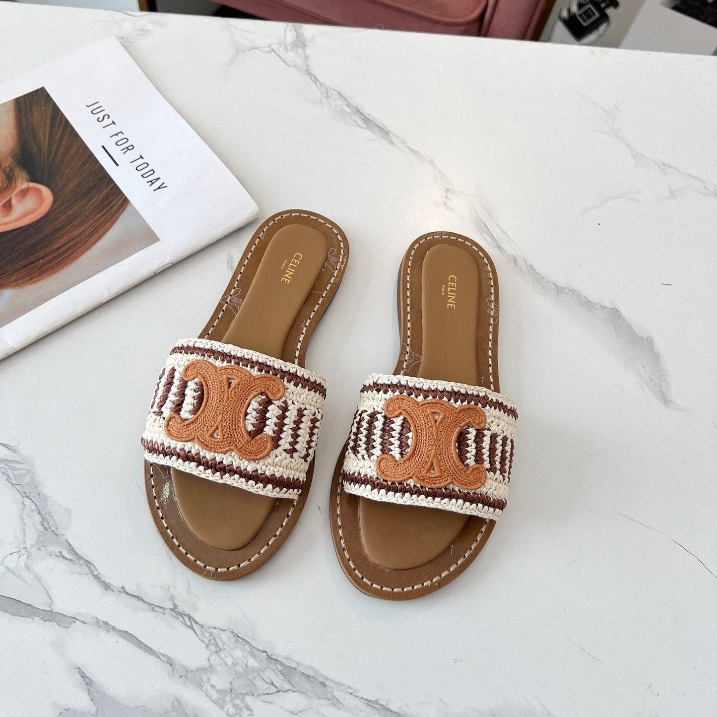 Celine 25C Slippers Beige mix Cantaloupe Fabric with Calfskin 238159