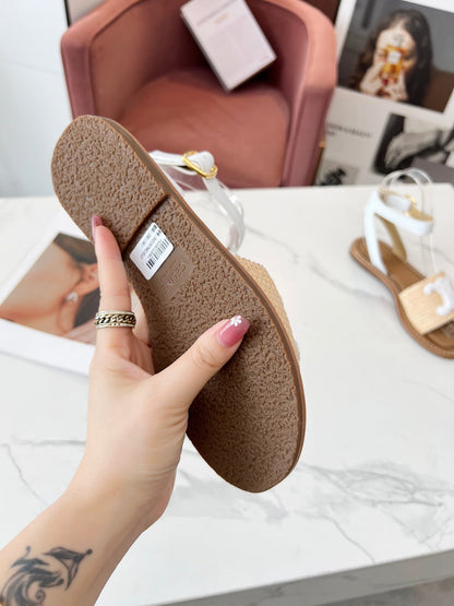Celine 25C Lympia Sandal Beige mix White Fabric with Calfskin 238161