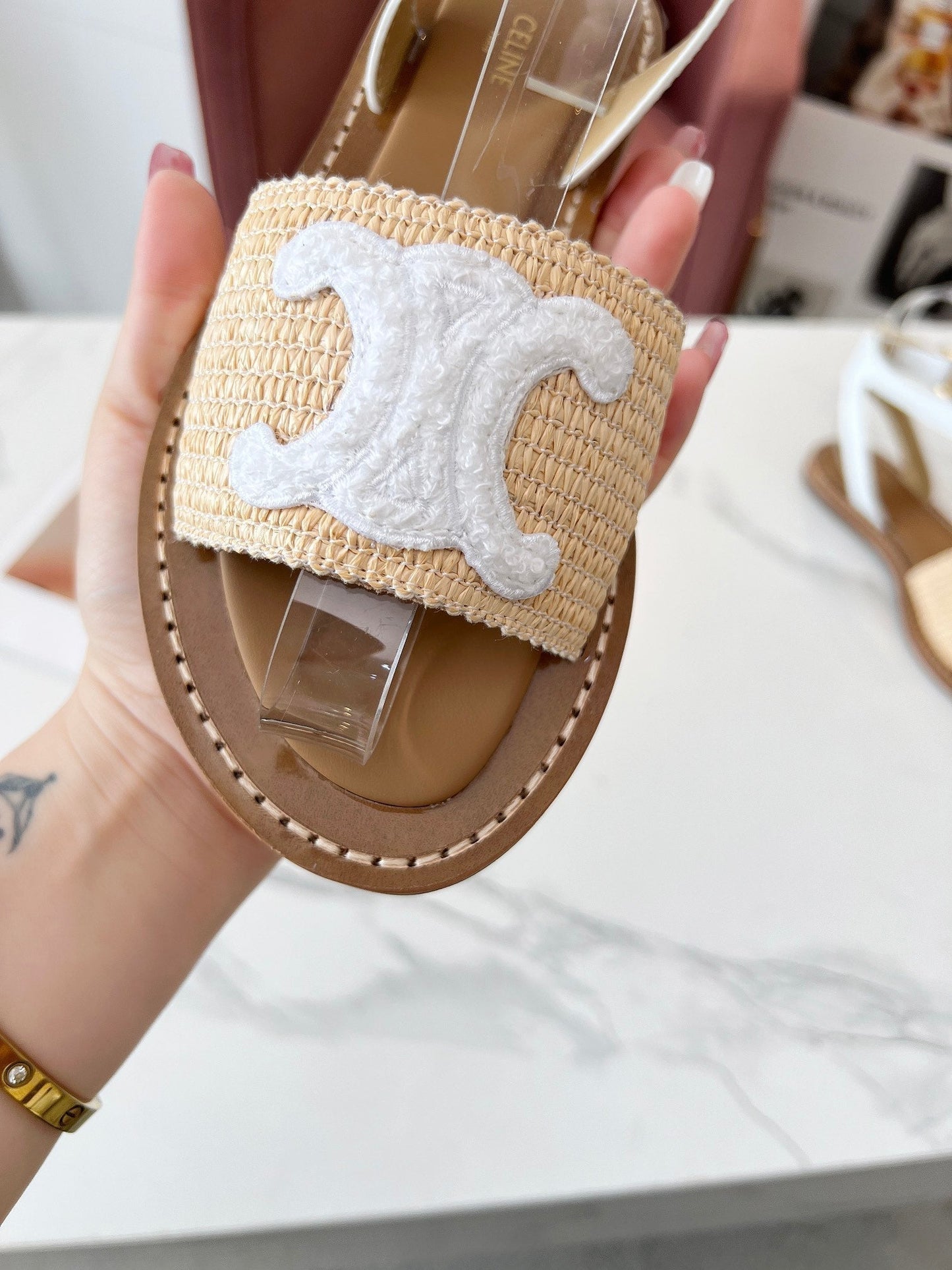 Celine 25C Lympia Sandal Beige mix White Fabric with Calfskin 238161