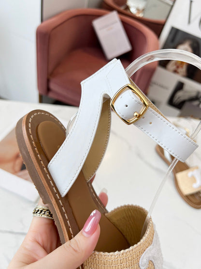 Celine 25C Lympia Sandal Beige mix White Fabric with Calfskin 238161