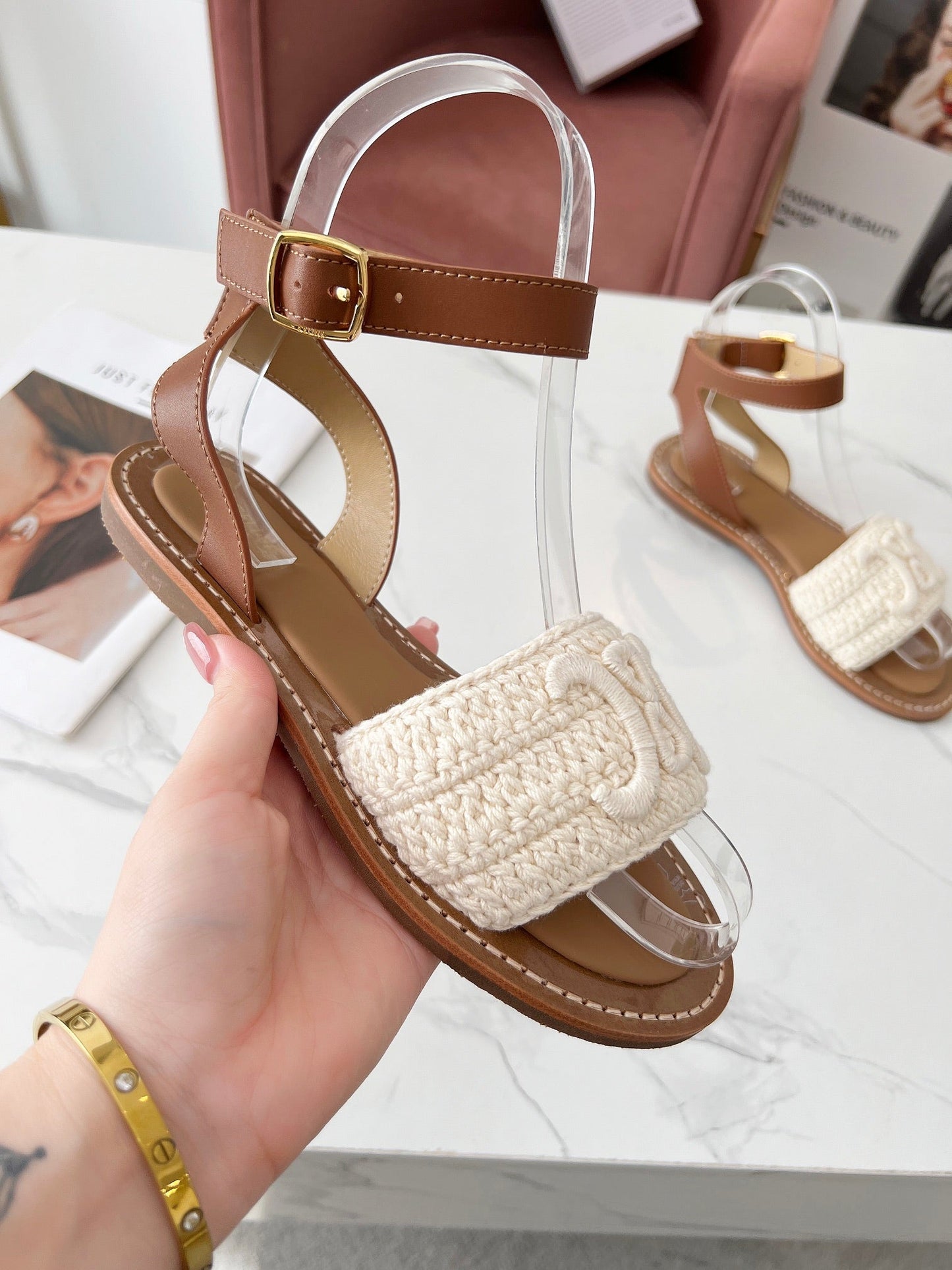 Celine 25C Lympia Sandal White Fabric with Calfskin 238175