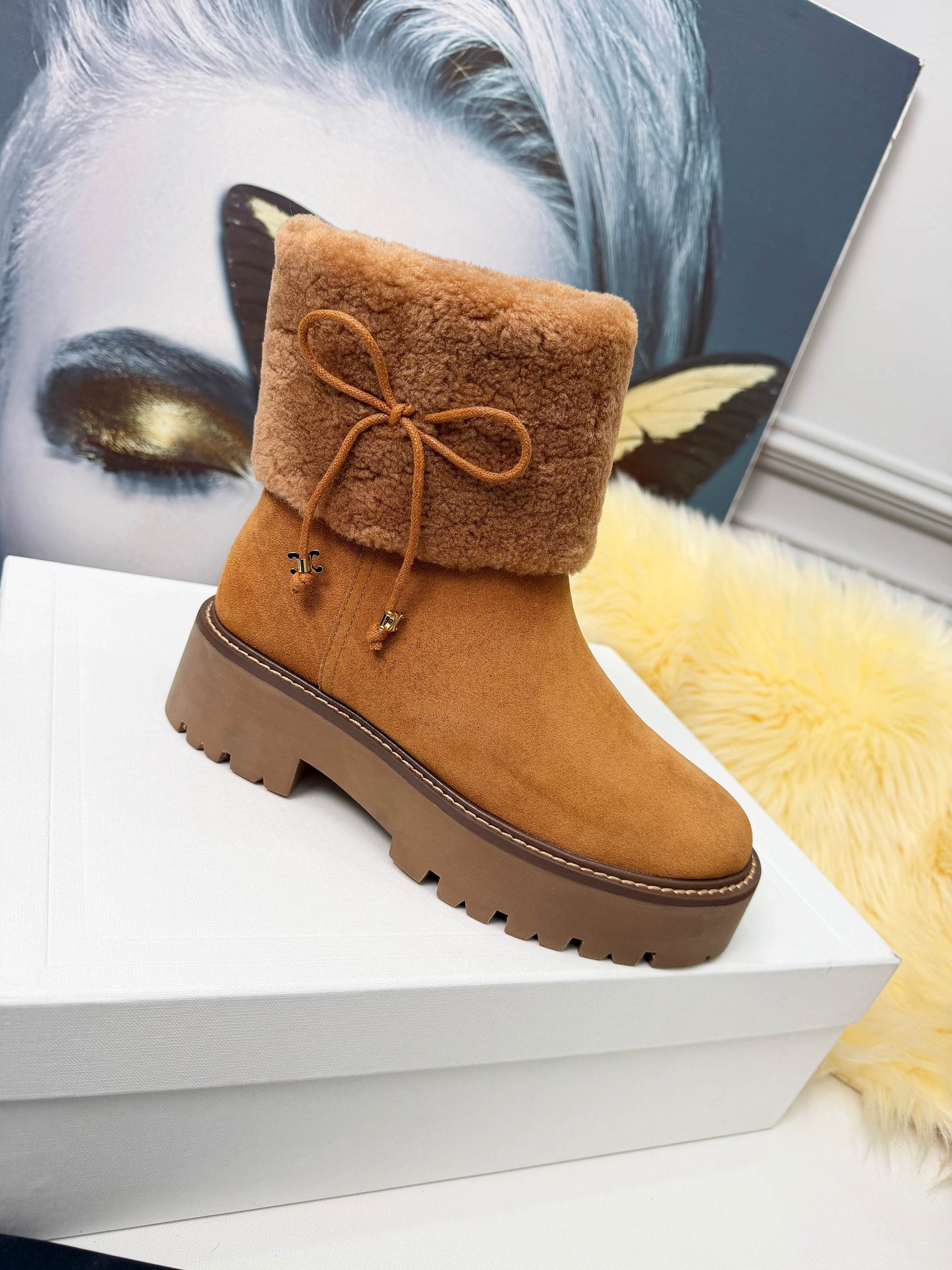 Celin Spring Runway Ankle Boots Brown Fur Suede 567510