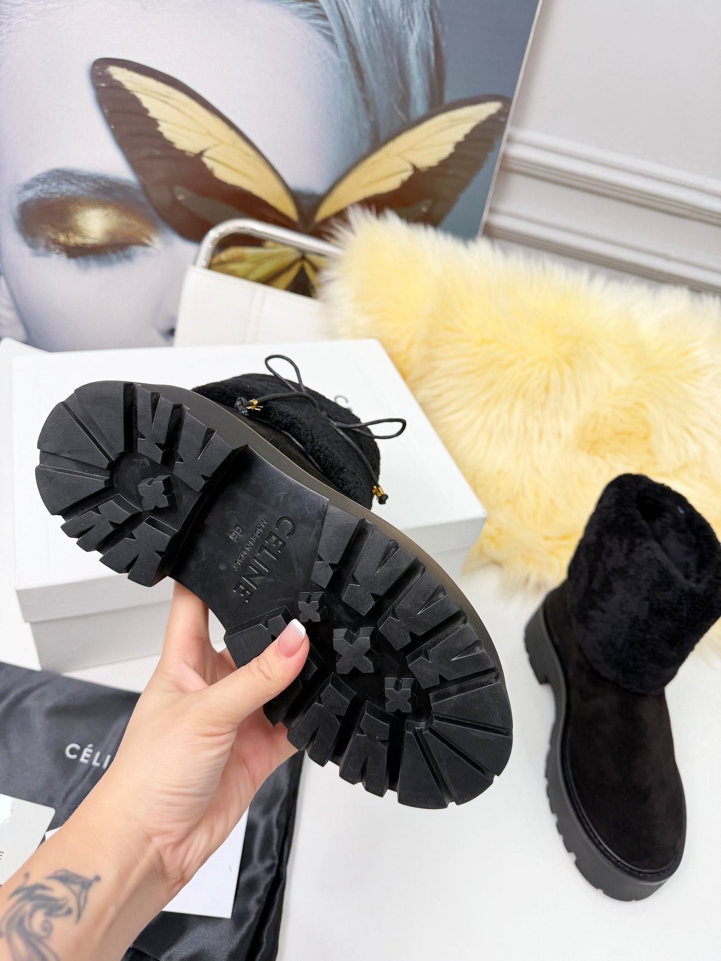 Celin Spring Runway Ankle Boots Black Fur Suede 567511