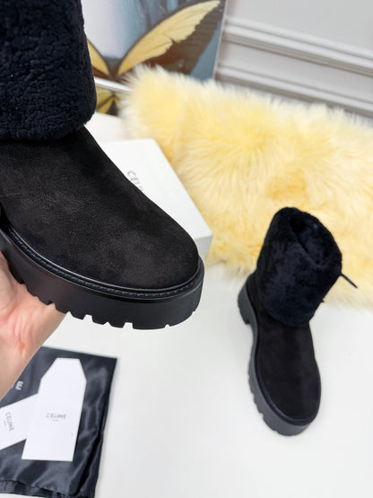 Celin Spring Runway Ankle Boots Black Fur Suede 567511