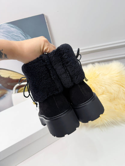 Celin Spring Runway Ankle Boots Black Fur Suede 567511