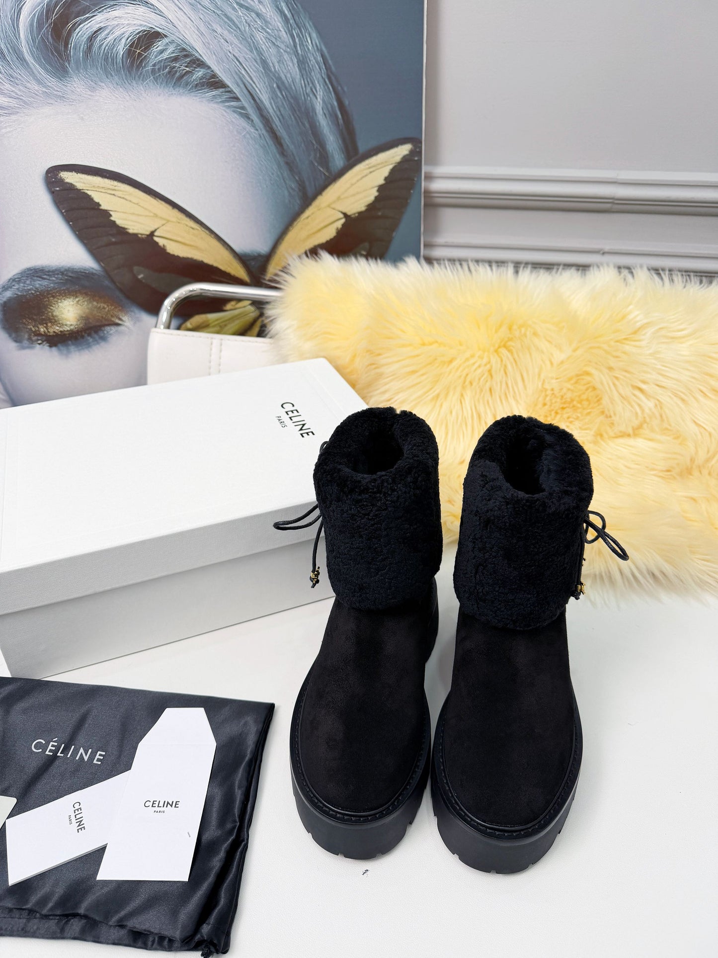 Celin Spring Runway Ankle Boots Black Fur Suede 567511