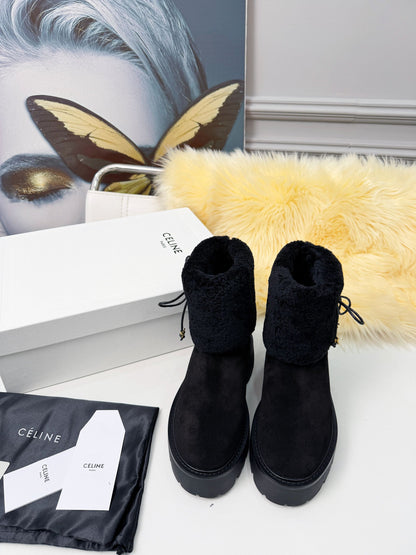 Celin Spring Runway Ankle Boots Black Fur Suede 567511