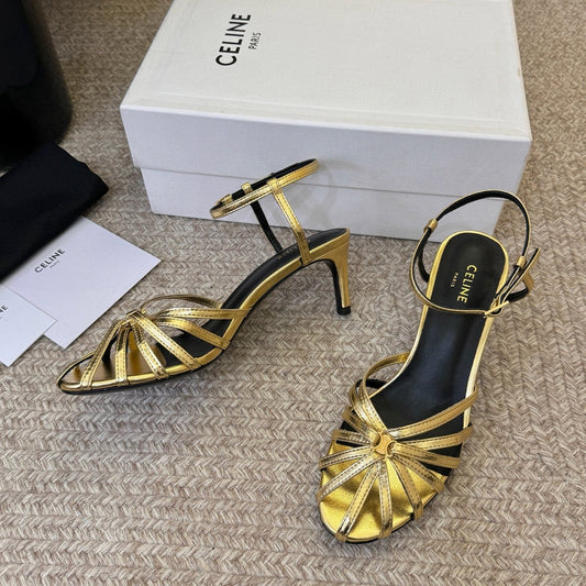 Celine Triomphe Sandal 6.5cm Gold Laminated Lambskin 835896