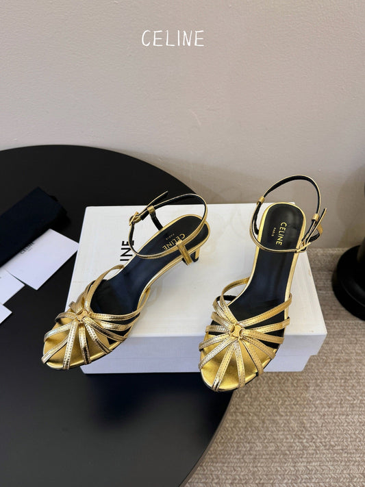 Celine Triomphe Sandal 6.5cm Gold Laminated Lambskin 835896