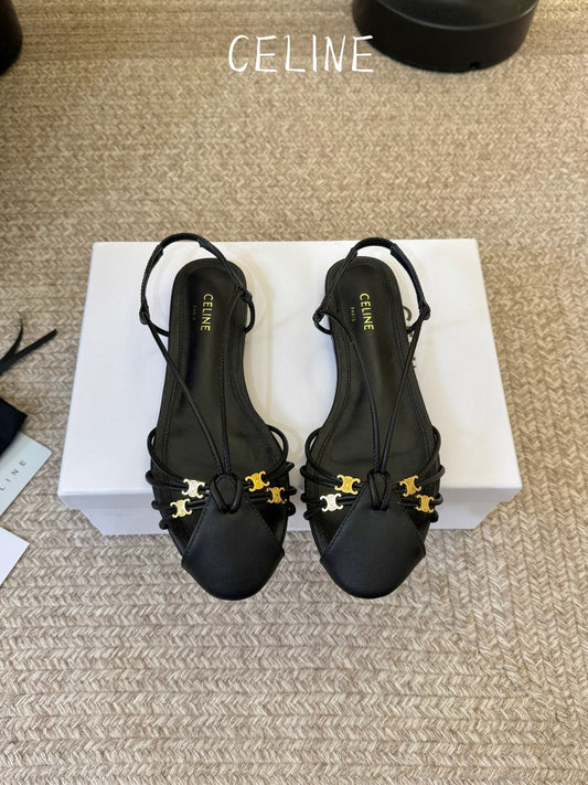 Celine Triomphe Strappy Flat Sandals Black Lambskin 934171