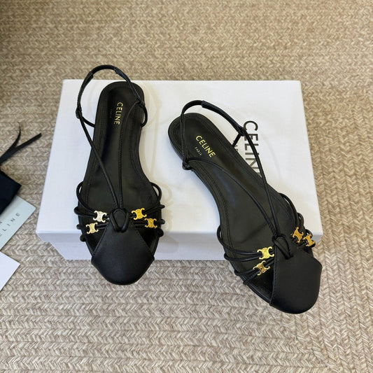 Celine Triomphe Strappy Flat Sandals Black Lambskin 934171