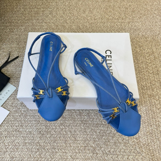 Celine Triomphe Strappy Flat Sandals Blue Lambskin 934181