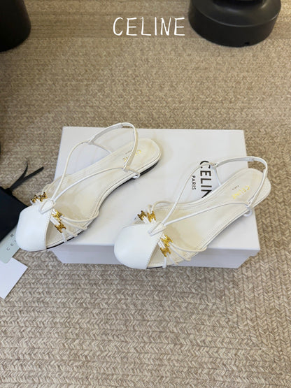 Celine Triomphe Strappy Flat Sandals White Lambskin 934182