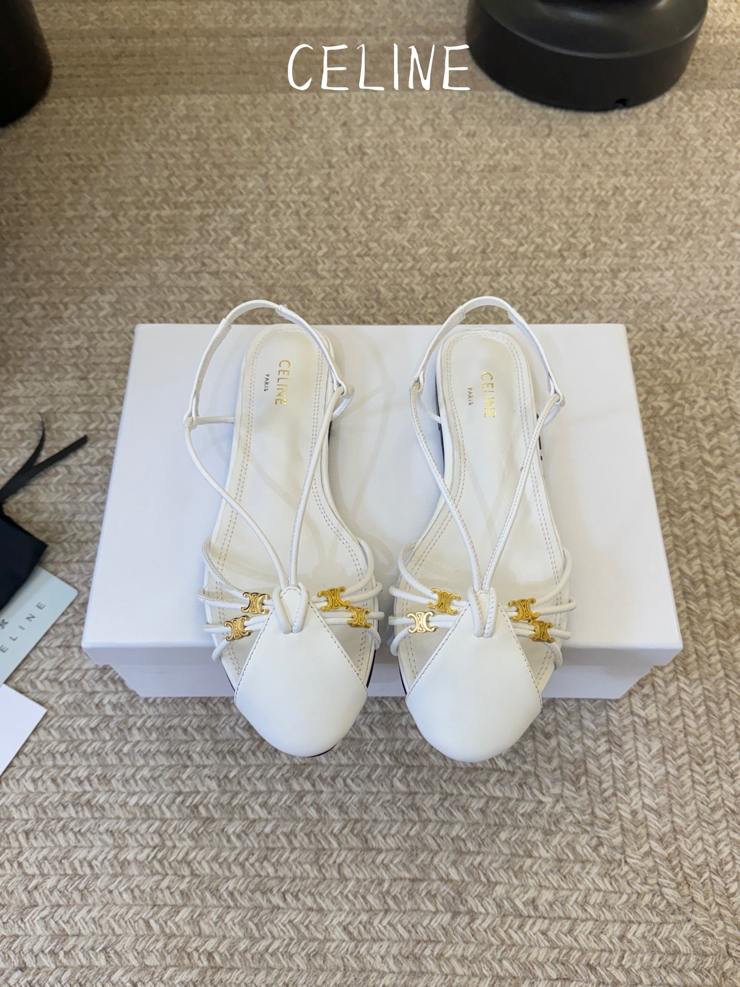 Celine Triomphe Strappy Flat Sandals White Lambskin 934182