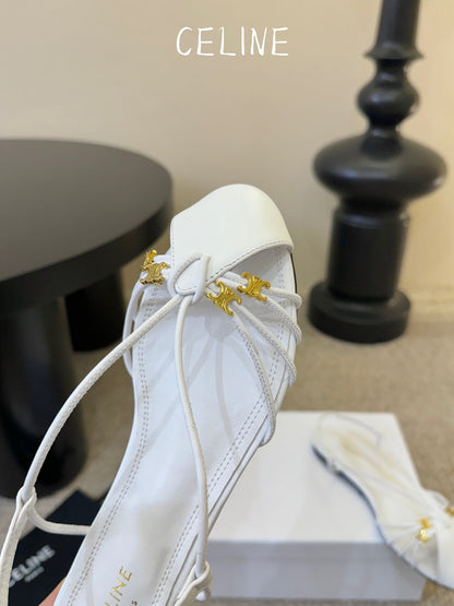 Celine Triomphe Strappy Flat Sandals White Lambskin 934182