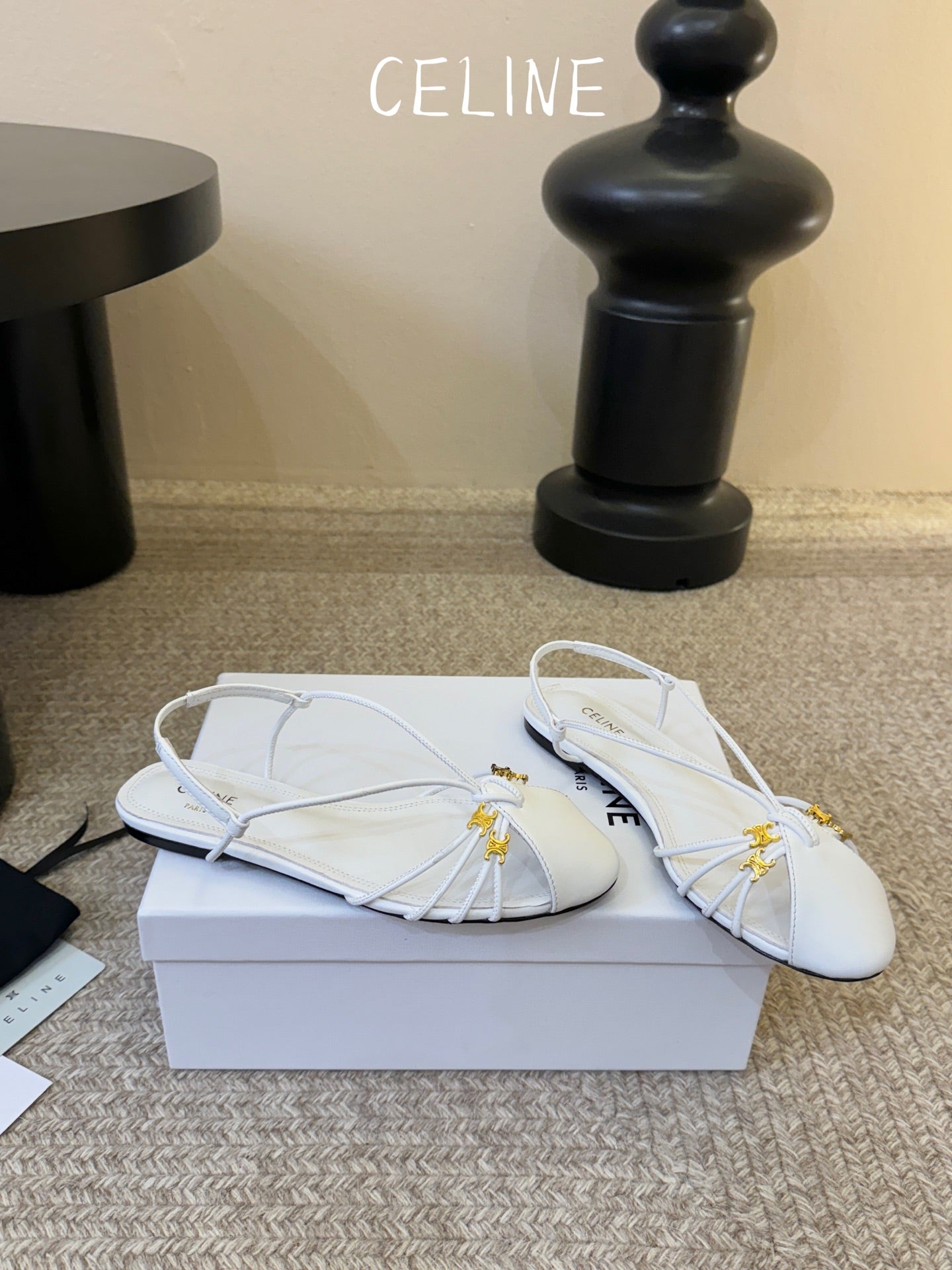 Celine Triomphe Strappy Flat Sandals White Lambskin 934182