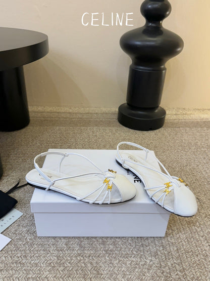 Celine Triomphe Strappy Flat Sandals White Lambskin 934182