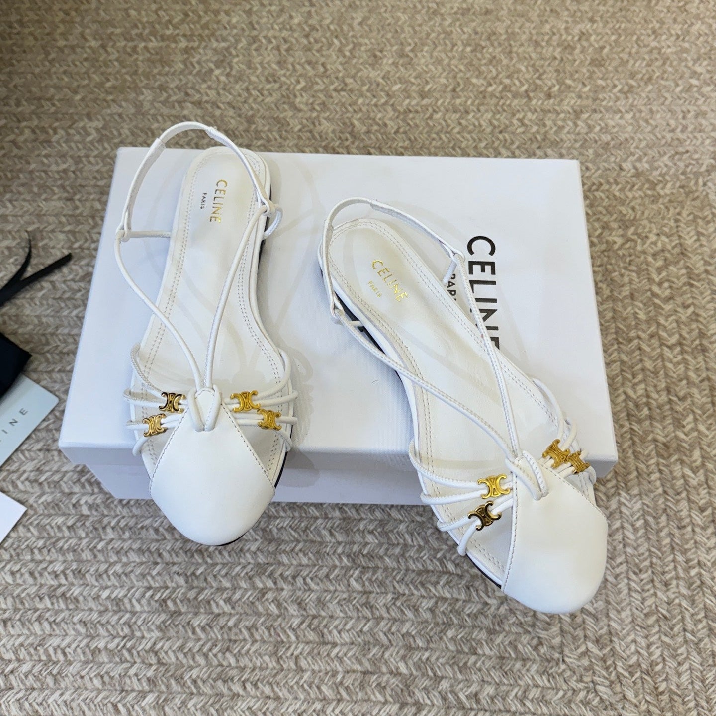 Celine Triomphe Strappy Flat Sandals White Lambskin 934182