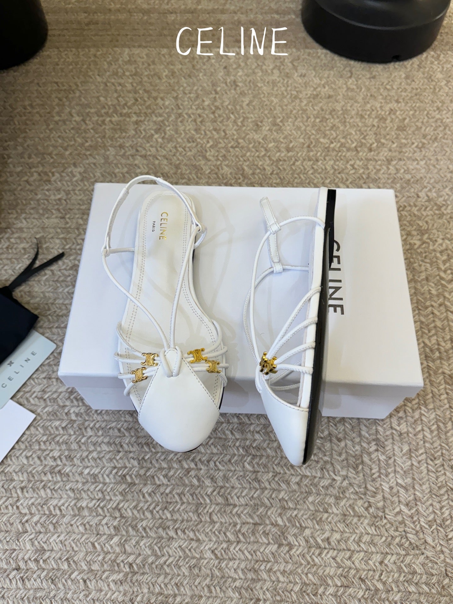 Celine Triomphe Strappy Flat Sandals White Lambskin 934182