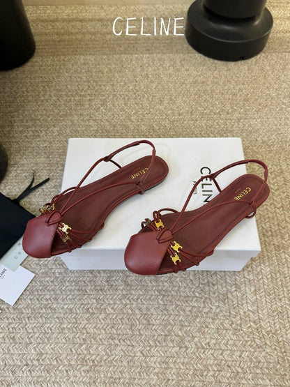 Celine Triomphe Strappy Flat Sandals Burugndy Lambskin 934184