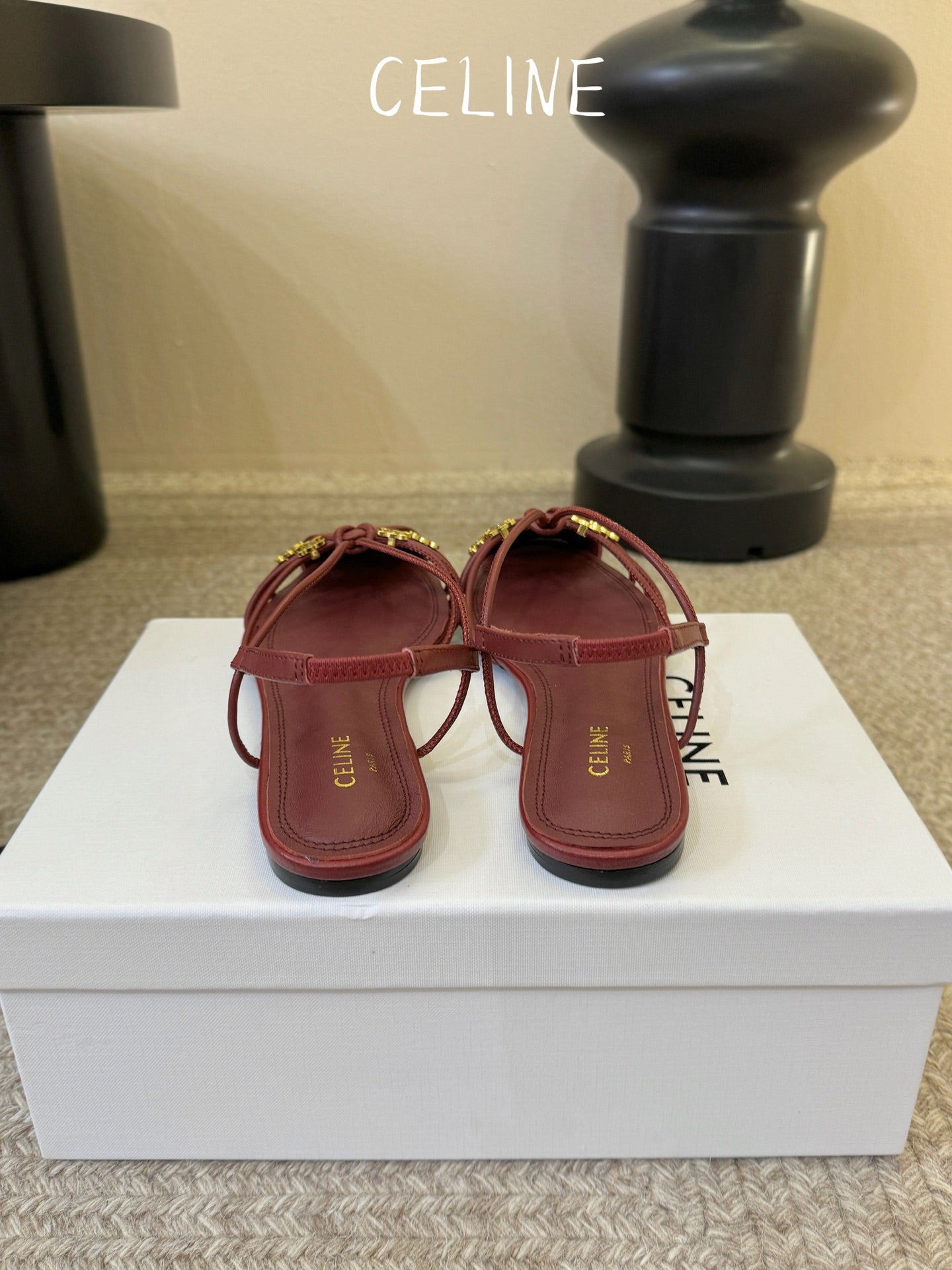 Celine Triomphe Strappy Flat Sandals Burugndy Lambskin 934184