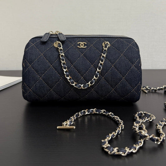 Chanel 2026 Bowling Bag 18.5cm Blue Denim Leather