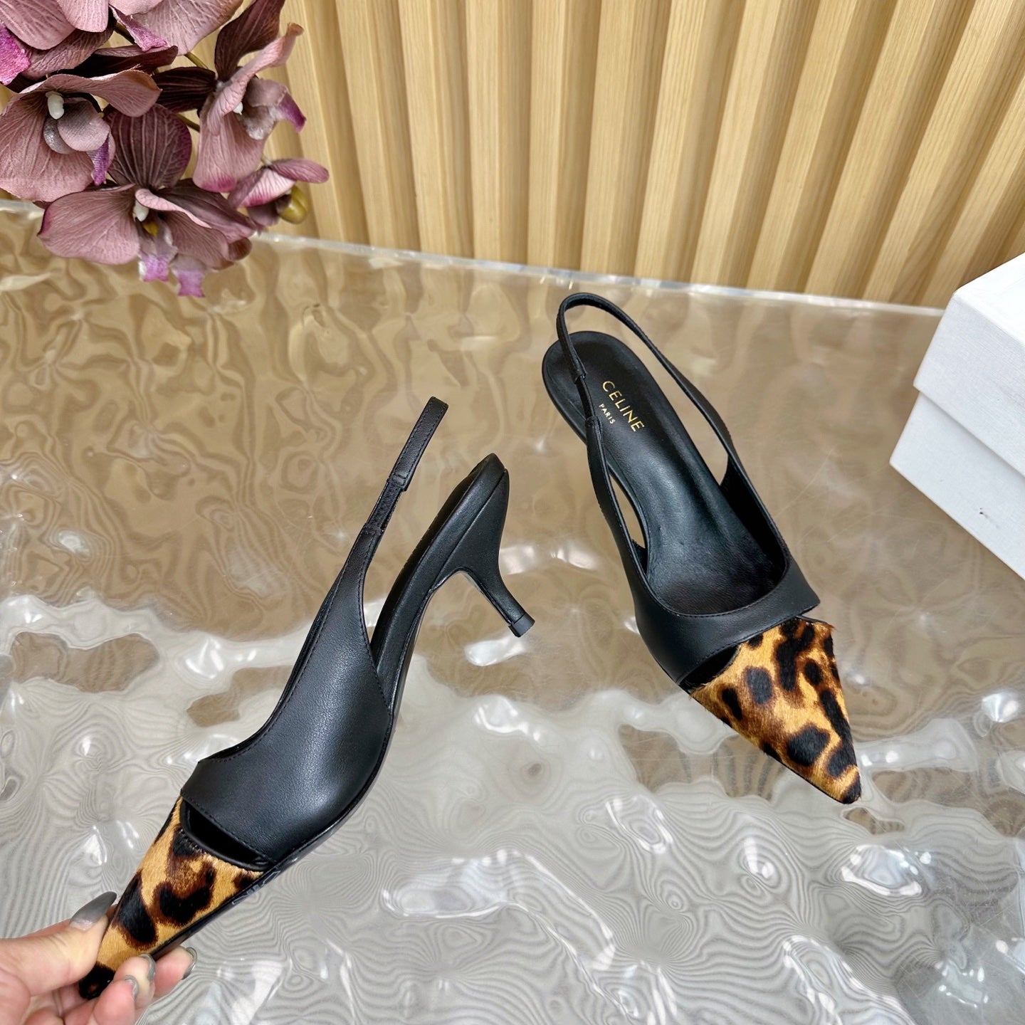 CL Judy Cap Toe Skingback 60mm In Black Calfskin And Leopard Printed Hairy Calfskin 313782