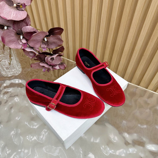 Celine 26s Mary Jane Flats In Red Velvet