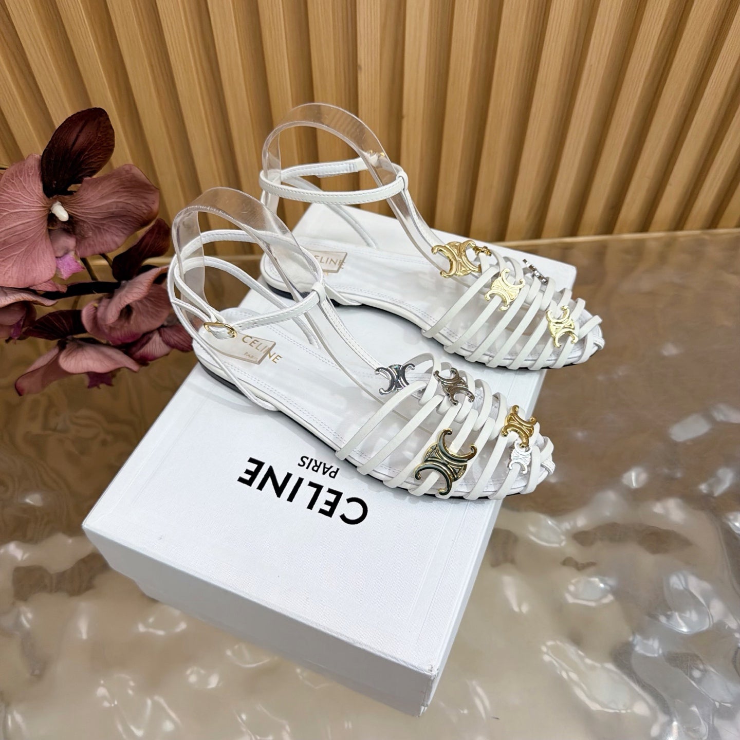 Celine 26s Cage Flat Sandals White Lambskin 898120