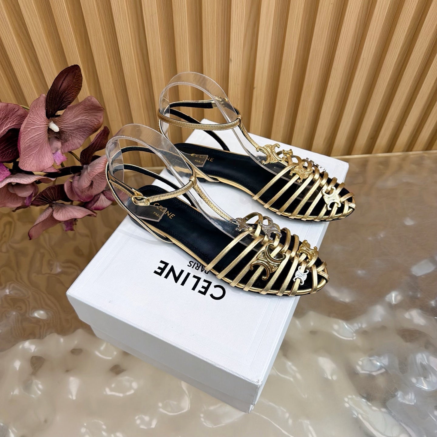 Celine 26s Cage Flat Sandals Gold Lambskin 898121