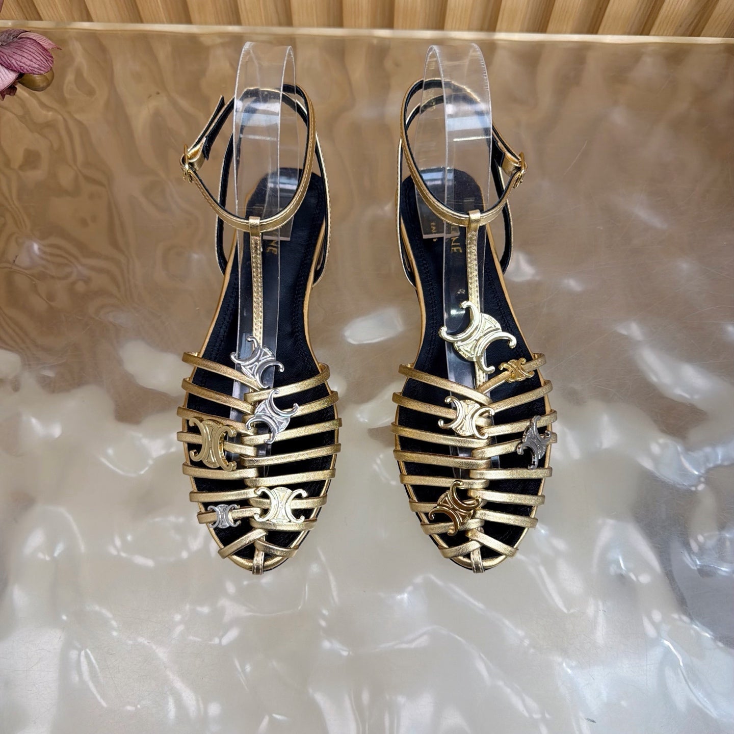 Celine 26s Cage Flat Sandals Gold Lambskin 898121