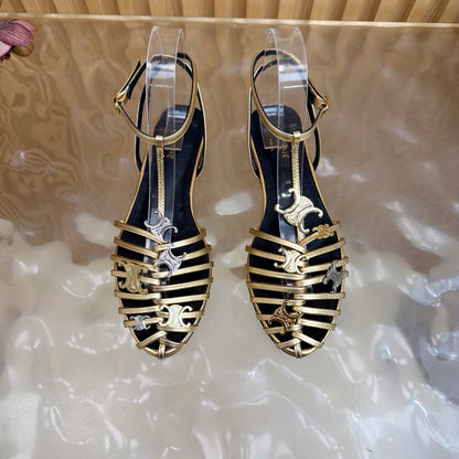 Celine 26s Cage Flat Sandals Gold Lambskin 898121