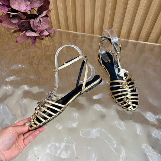 Celine 26s Cage Flat Sandals Gold Lambskin 898121