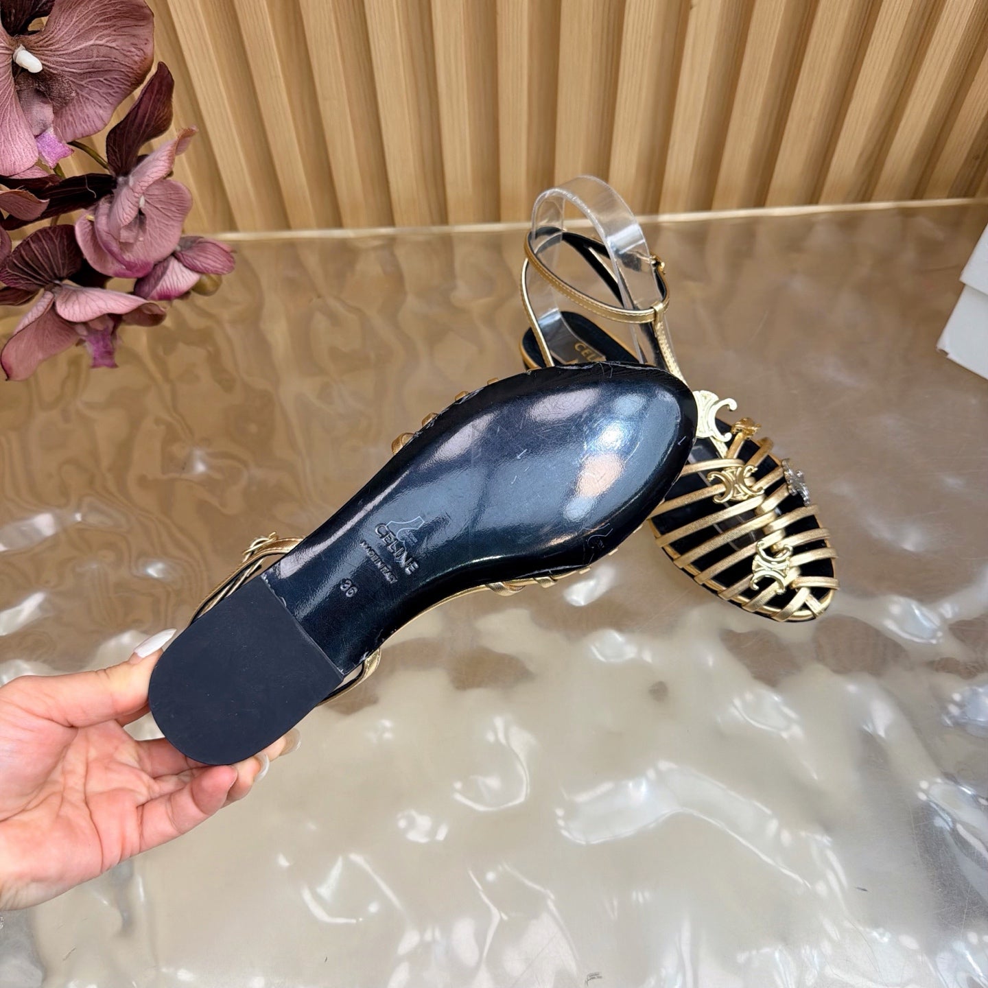 Celine 26s Cage Flat Sandals Gold Lambskin 898121