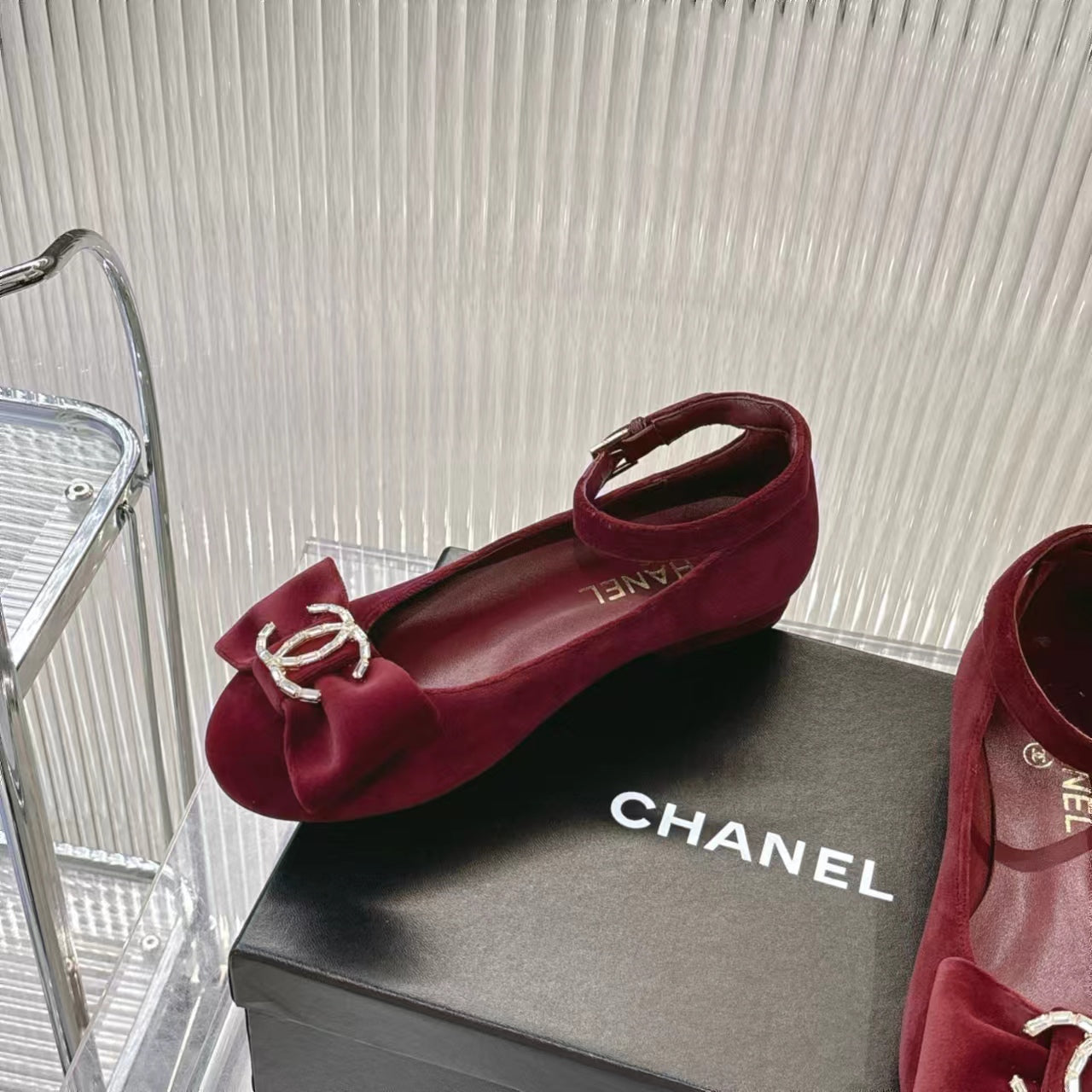 Chanel 2026 Mary Jane Ballet Flats Velvet Crystal CC Logo Bow 791128