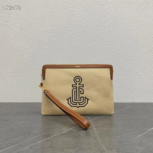 Celine Small Pouch with Anchor Embroidery Beige Brown Calfskin Textile