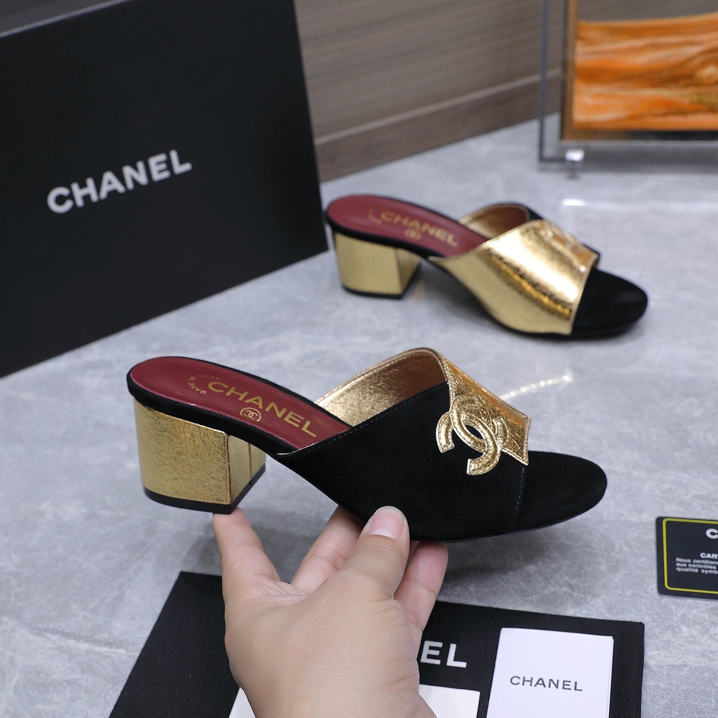 Chanel 2026 High-Heeled Sandals Black Gold Suede Leather 758417