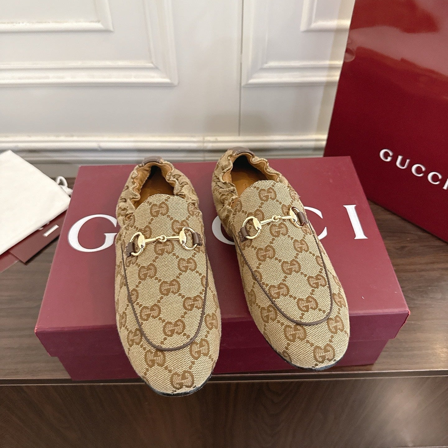 GG 26SS Loafers Beige Brown Monogram Canvas Leather 645954