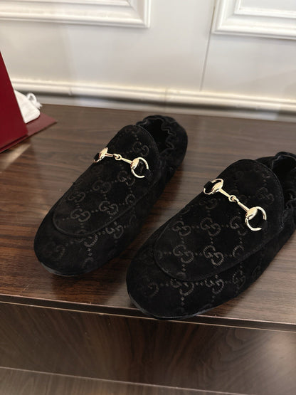 GG 26SS Loafers Black Monogram Suede Leather 645958