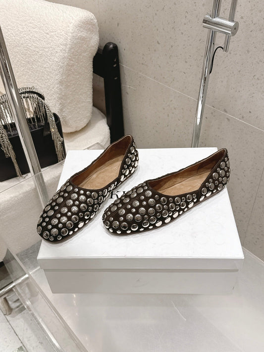 Celine 26s Flat Shoes In Dark Brown Suede With Metal Studs
